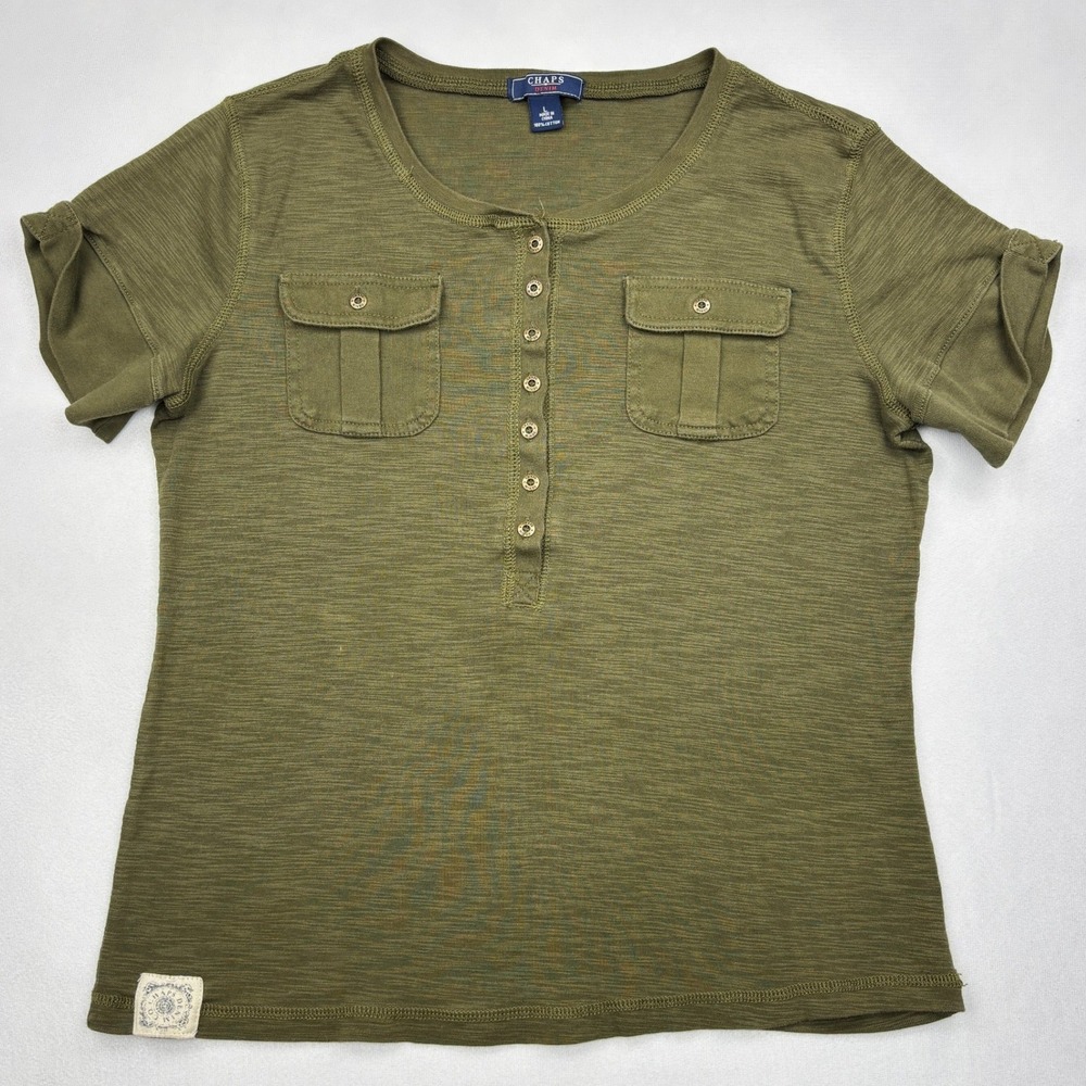 Chaps Denim Top Womens Large Green Slub Cotton Military Henley Flap Pocket Shirt